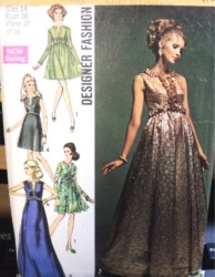 8497 SIMPLICITY DESIGNER 1968 EVENING V-DRESS LENGTHS SLEEVES OR NOT PATTERN 12,14 CHOICE